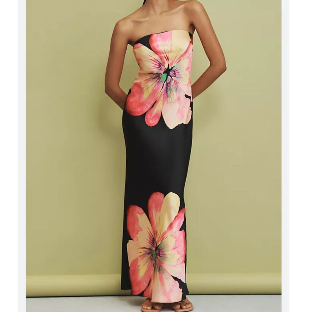 Strapless Black Evening Gown with Pink Floral Print